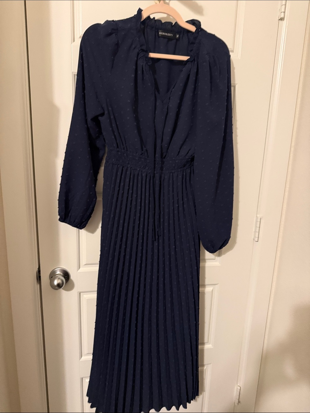 Smocked Waist Long Sleeve Pleated Midi Dress in Navy by Merokeety